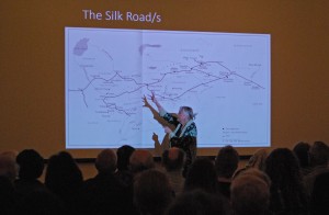 frances wood pointing a map